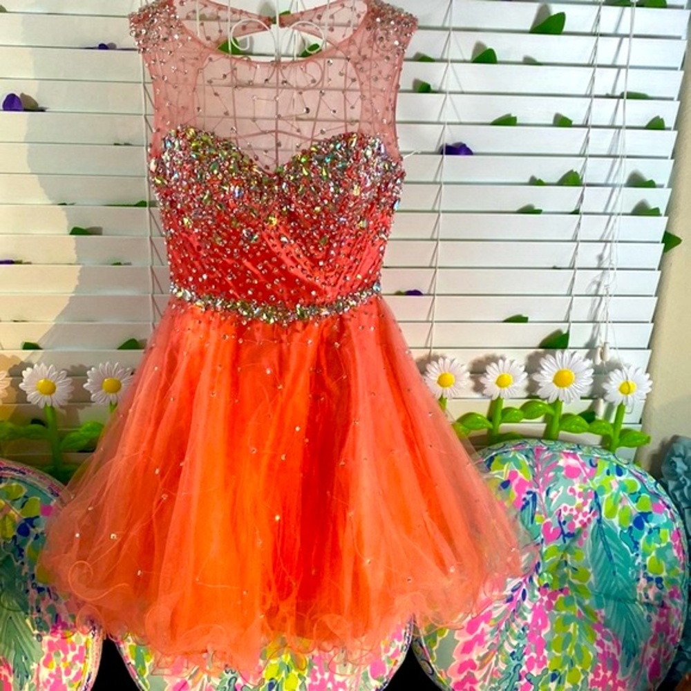 Couture peach & silver gems & sequins mini dress